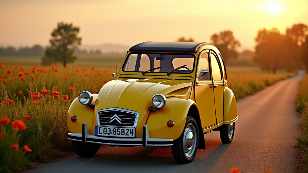 Citroën 2CV jaune emblématique sur une route de campagne