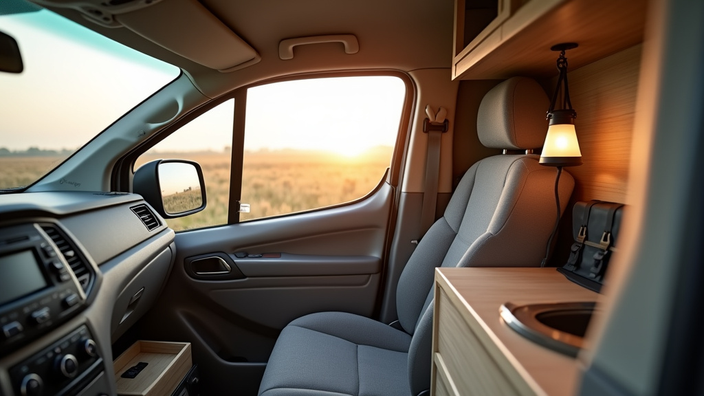 Aménagement intérieur camping-car avec couchage et rangements