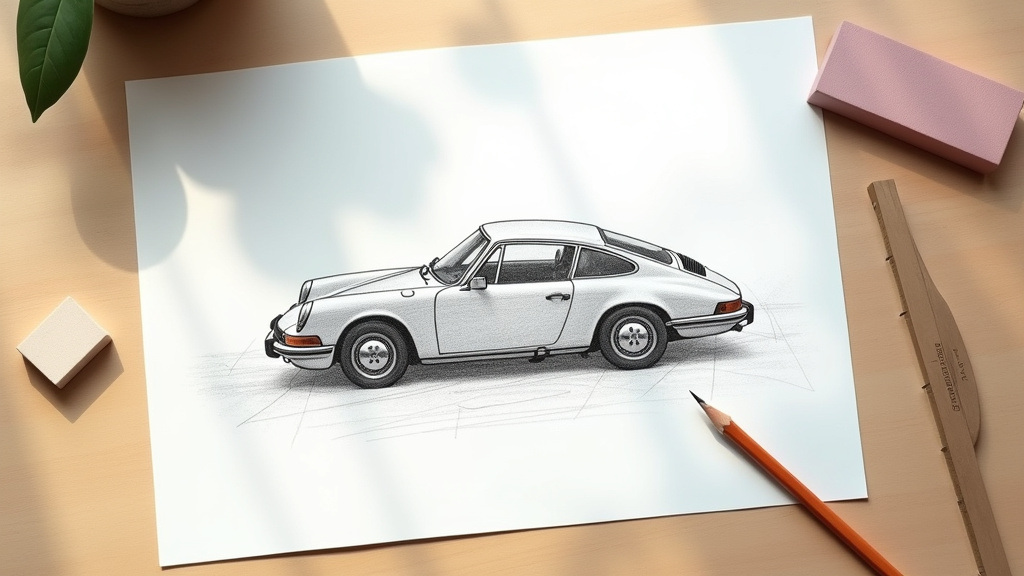 Détails de textures sur une voiture dessinée : métal, verre, caoutchouc
