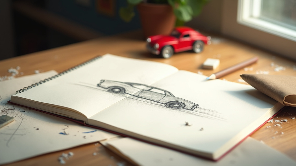 Dessin de voiture en perspective avec outils de géométrie